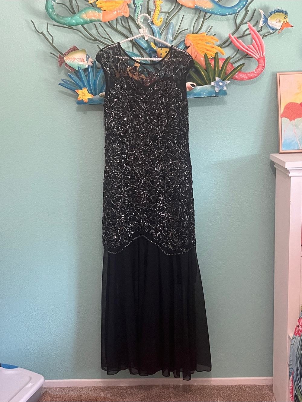Black Beaded Sleeveless Evening Dress